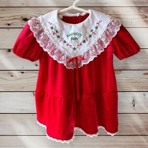Vintage Raggedy Ann Holiday dress, soft velvet with embroidered bib & lace trim